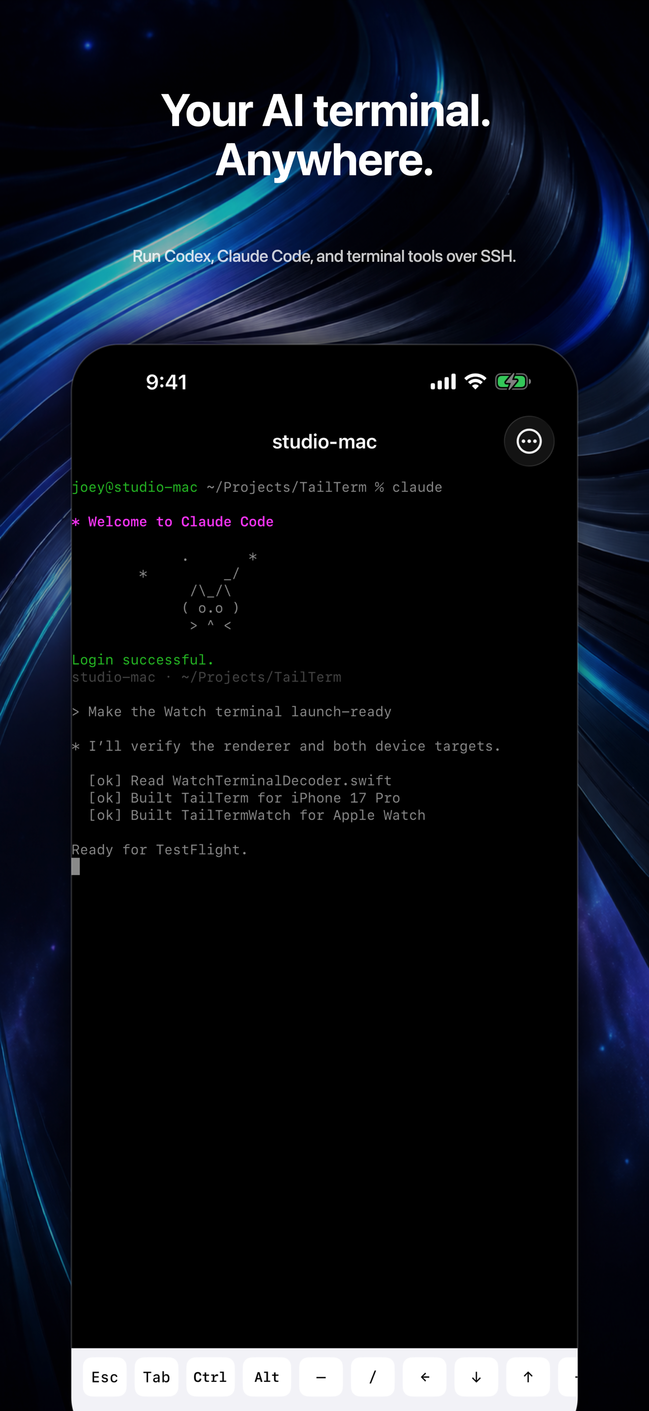Claude Code running in the TailTerm SSH terminal on iPhone